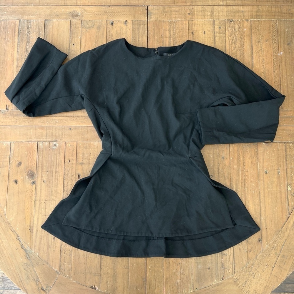 COS Structured Black Peplum Top Women’s 4 Long Sleeve Side Slit Zip Back Modest